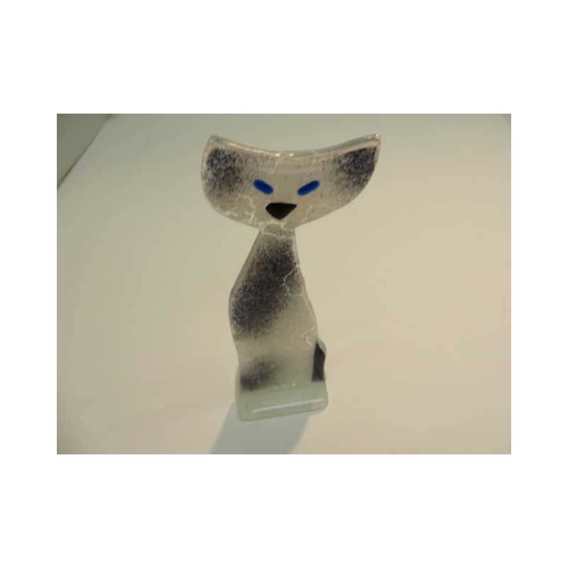 PETIT CHAT EN VERRE YEUX BLEUX  HT 18CM LARG 6CM